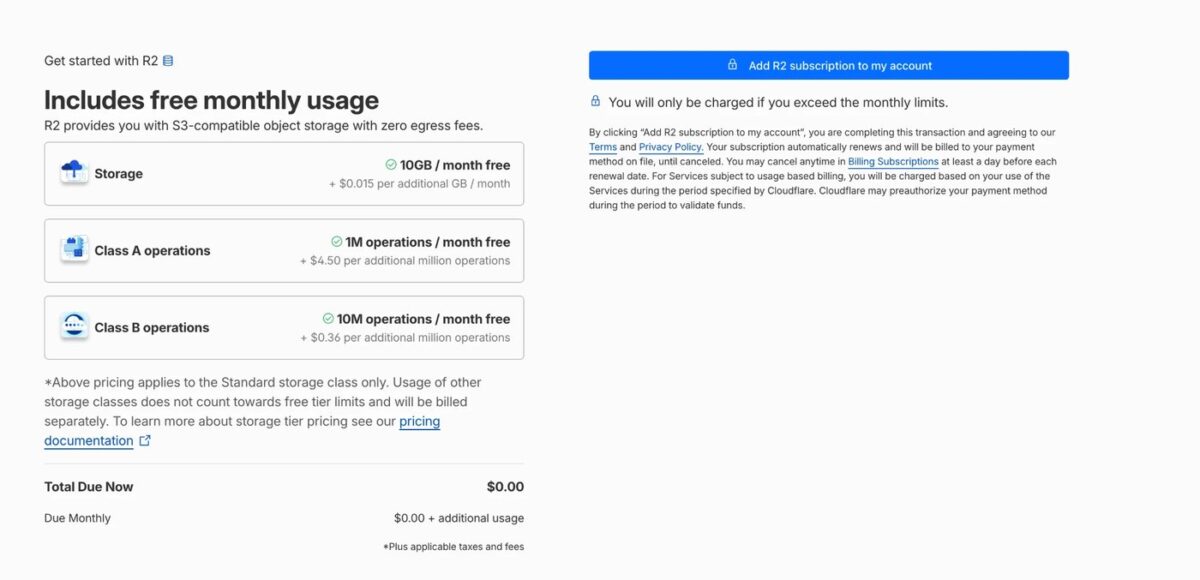 CloudflareのR2の申し込み画面(無料枠)